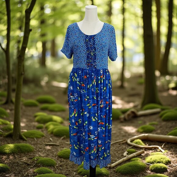 Leisure Wear By Adonna Blue Fish Print Rayon Dress Medium Vintage Cottagecore - Picture 1 of 11